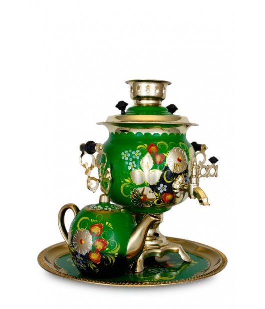 Samovar Russian traditional electric 3 liters "Roung" in the set "Chamomile" hand-painting 