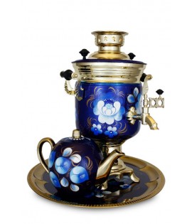 Samovar electric 3 liters "Jar" in the set "Zhostovo on blue" hand-painting art Samovar electric 3 liters "Jar" in the set "Zhostovo on blue" hand-painting art