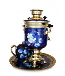 Samovar electric 3 liters "Jar" in the set "Zhostovo on blue" hand-painting art Samovar electric 3 liters "Jar" in the set "Zhostovo on blue" hand-painting art