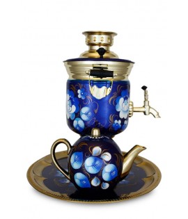 Samovar electric 3 liters "Jar" in the set "Zhostovo on blue" hand-painting art Samovar electric 3 liters "Jar" in the set "Zhostovo on blue" hand-painting art