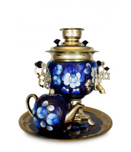 Samovar electric 3 liters "Oval" in the set "Zhostovo on blue" hand-painting art Samovar electric 3 liters "Oval" in the set "Zhostovo on blue" hand-painting art