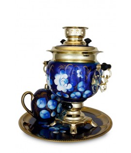 Samovar electric 3 liters "Oval" in the set "Zhostovo on blue" hand-painting art Samovar electric 3 liters "Oval" in the set "Zhostovo on blue" hand-painting art