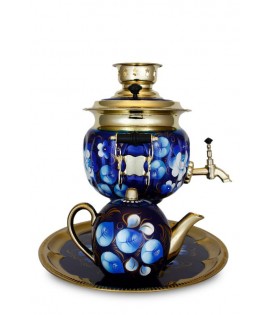 Samovar electric 3 liters "Oval" in the set "Zhostovo on blue" hand-painting art Samovar electric 3 liters "Oval" in the set "Zhostovo on blue" hand-painting art
