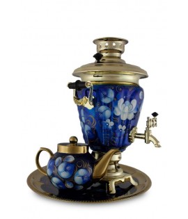 Samovar electric 3 liters "Cone" in the set "Zhostovo on blue" hand-painting art Samovar electric 3 liters "Cone" in the set "Zhostovo on blue" hand-painting art