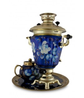 Samovar electric 3 liters "Cone" in the set "Zhostovo on blue" hand-painting art Samovar electric 3 liters "Cone" in the set "Zhostovo on blue" hand-painting art