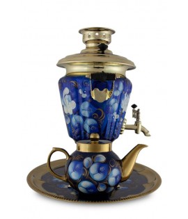 Samovar electric 3 liters "Cone" in the set "Zhostovo on blue" hand-painting art Samovar electric 3 liters "Cone" in the set "Zhostovo on blue" hand-painting art