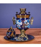 Samovar electric 3 liters "Tula" in the set for tea drinking "Zhostovo on blue" hand-painting 