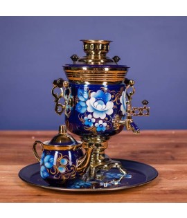 Samovar electric 3 liters "Tula" in the set for tea drinking "Zhostovo on blue" hand-painting  Samovar electric 3 liters "Tula" in the set for tea drinking "Zhostovo on blue" hand-painting