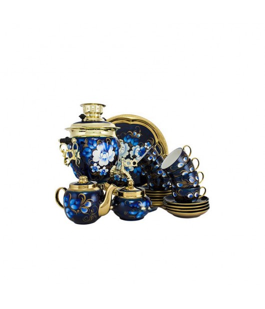 Samovar electric 3 liters "Tula" in the set for tea drinking "Zhostovo on blue" hand-painting 