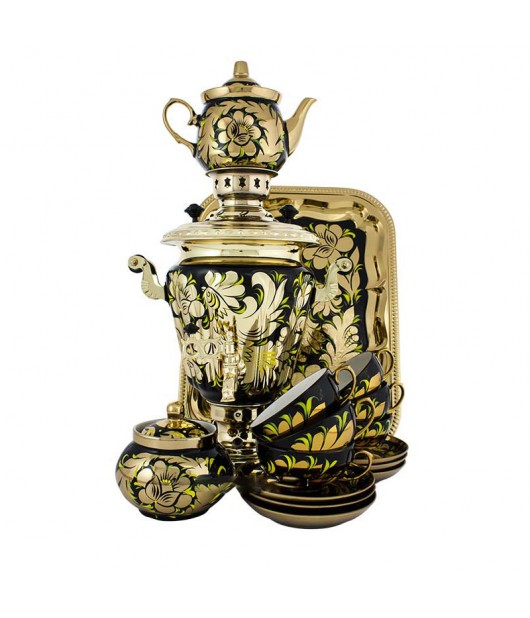 Samovar electric 3 liters "Cone" in the set for tea drinking "Cock on the Gold" hand-painting 