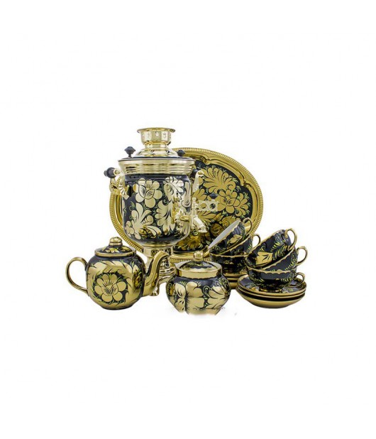 Samovar electric 3 liters "Bank" in the set for tea drinking "Rooster on the Gold" hand-painting 