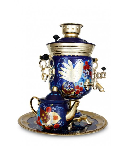 Samovar "Jar form" electric 3 liters "Bird on blue" in set with teapot and tray