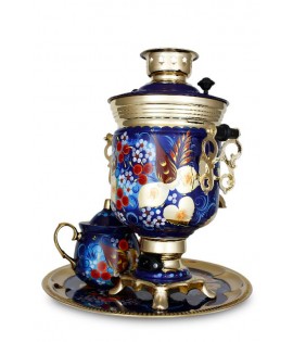 Samovar "Jar form" electric 3 liters "Bird on blue" in set with teapot and tray Samovar "Jar form" electric 3 liters "Bird on blue" in set with teapot and tray