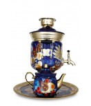 Samovar "Jar form" electric 3 liters "Bird on blue" in set with teapot and tray