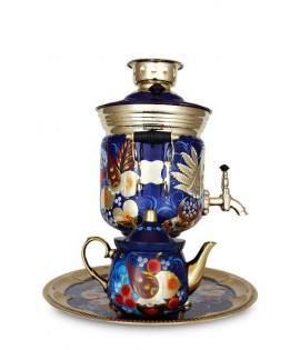 Samovar "Jar form" electric 3 liters "Bird on blue" in set with teapot and tray Samovar "Jar form" electric 3 liters "Bird on blue" in set with teapot and tray