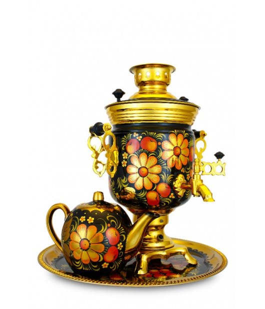 Samovar electric 3 liters "Round" in the set of "Classical Khokhloma" hand-painting 