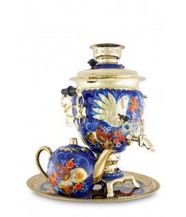 Samovar electric 3 liters "Bird on blue" in set with teapot and tray