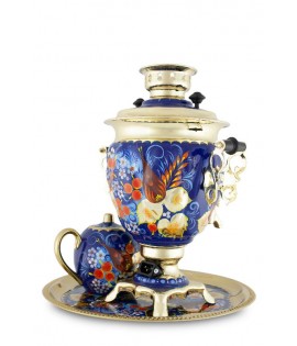 Samovar electric 3 liters "Bird on blue" in set with teapot and tray