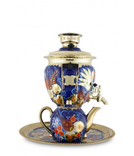Samovar electric 3 liters "Bird on blue" in set with teapot and tray