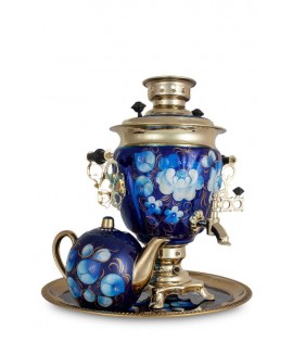 Samovar electric 3 liters "Tula" in the set "Zhostovo on blue" hand-painting  Samovar electric 3 liters "Tula" in the set "Zhostovo on blue" hand-painting