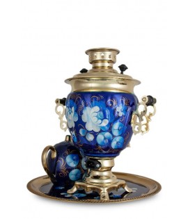 Samovar electric 3 liters "Tula" in the set "Zhostovo on blue" hand-painting  Samovar electric 3 liters "Tula" in the set "Zhostovo on blue" hand-painting