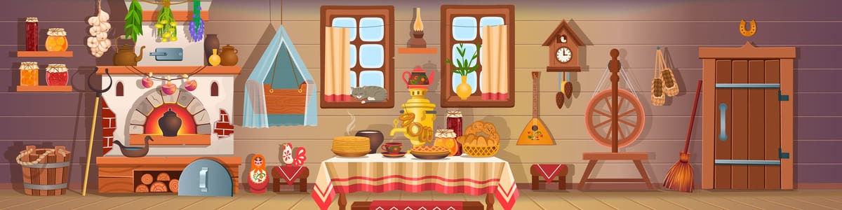 Samovars in the interior of a Russian hut